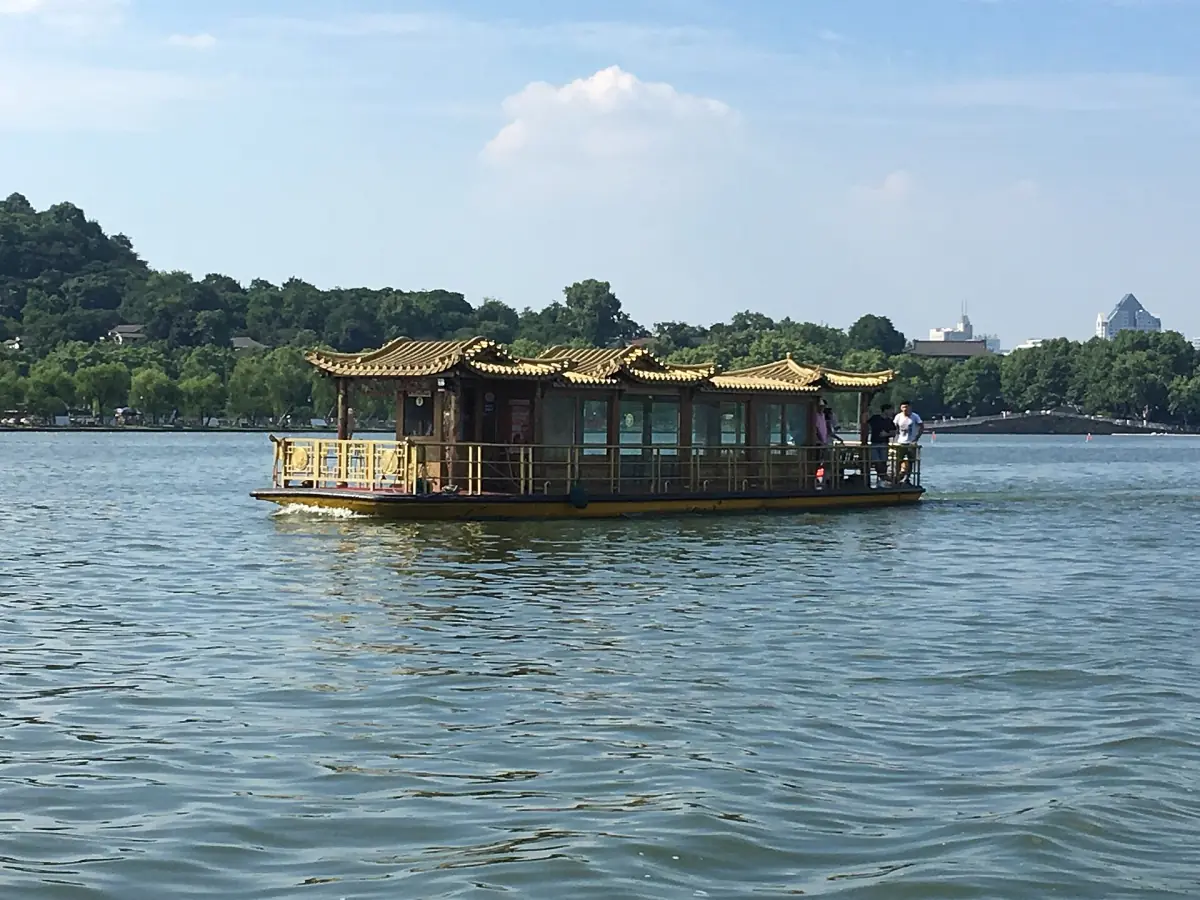 A traditional-style boat on West Lake